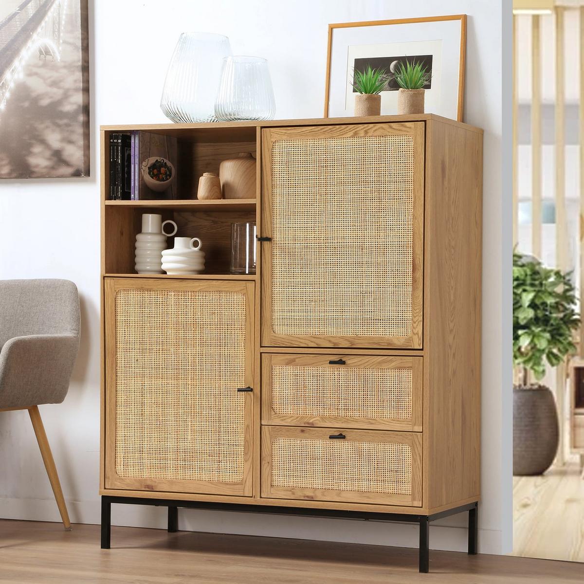 HOHE Buffetschrank mit Rattanfronten - L100 x H120 cm - JAYA - Eschefarben, Holzwerkstoff (40/120/55cm) - Calicosy