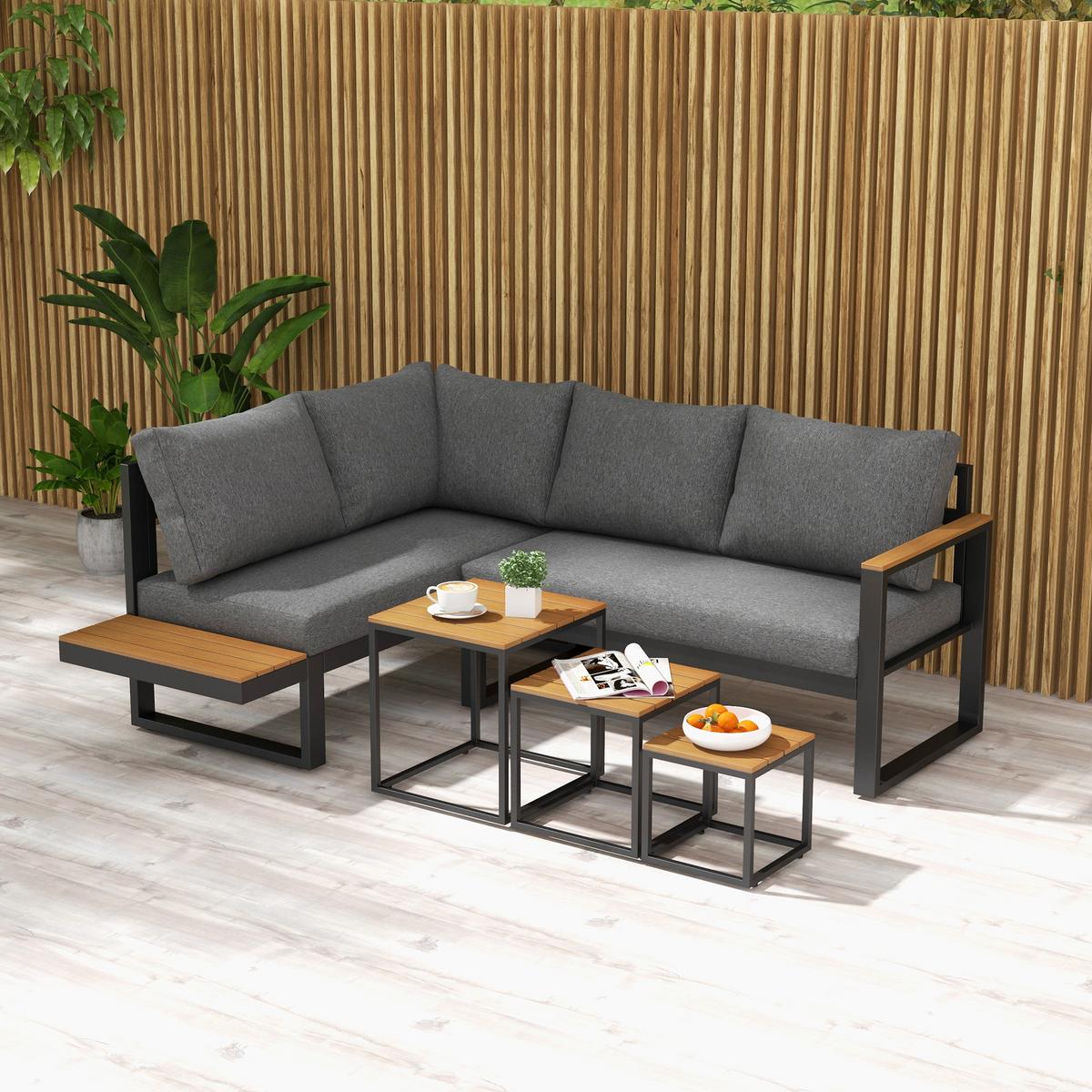 GARTENMÖBEL-SET, mit Ecksofa, Couchtisch, mit Sitzkissen, Aluminium, Kunststoff, Grau - Dunkelgrau, Metall - Outsunny