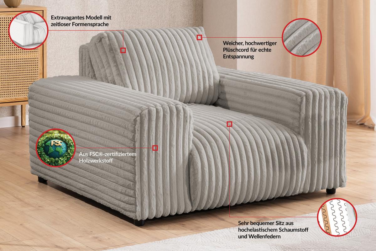 SESSEL Mollis Hellgrau Plüschcord - Hellgrau/Schwarz, Holz/Kunststoff (119/79/108cm) - S-Style Möbel