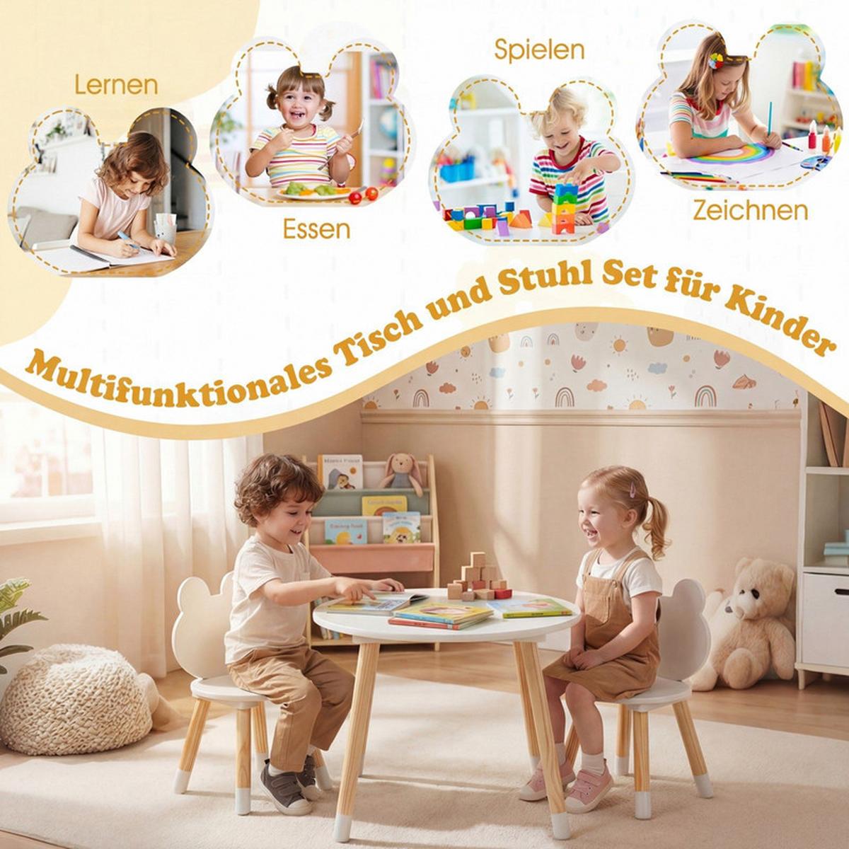 KINDERTISCH mit stuhl weiß(3-tlg) - Weiß/Naturfarben, Holzwerkstoff (60/44/60cm) - COSTWAY