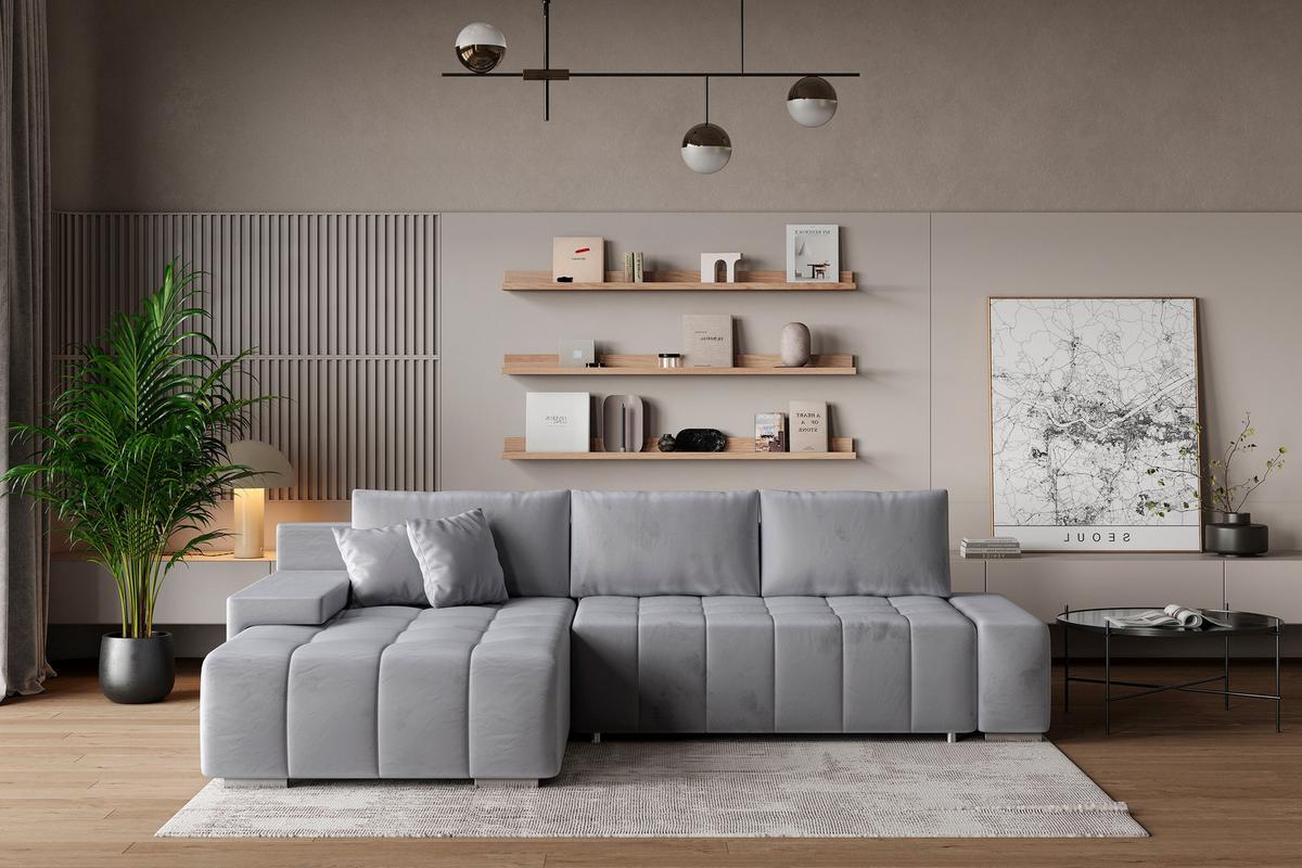 ECKSOFA ALESE L-S Hellgrau Velours-Stoff mit Schlaffunktion - Silberfarben/Hellgrau, Holz/Textil (265/185cm) - MASSENO