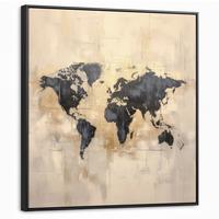 LEINWAND Bilder mit Rahmen - Weltkarte - Gold - Schwarz - Abstrakt - 90x90 - Kupferfarben, Textil (90/90cm) - MuchoWow