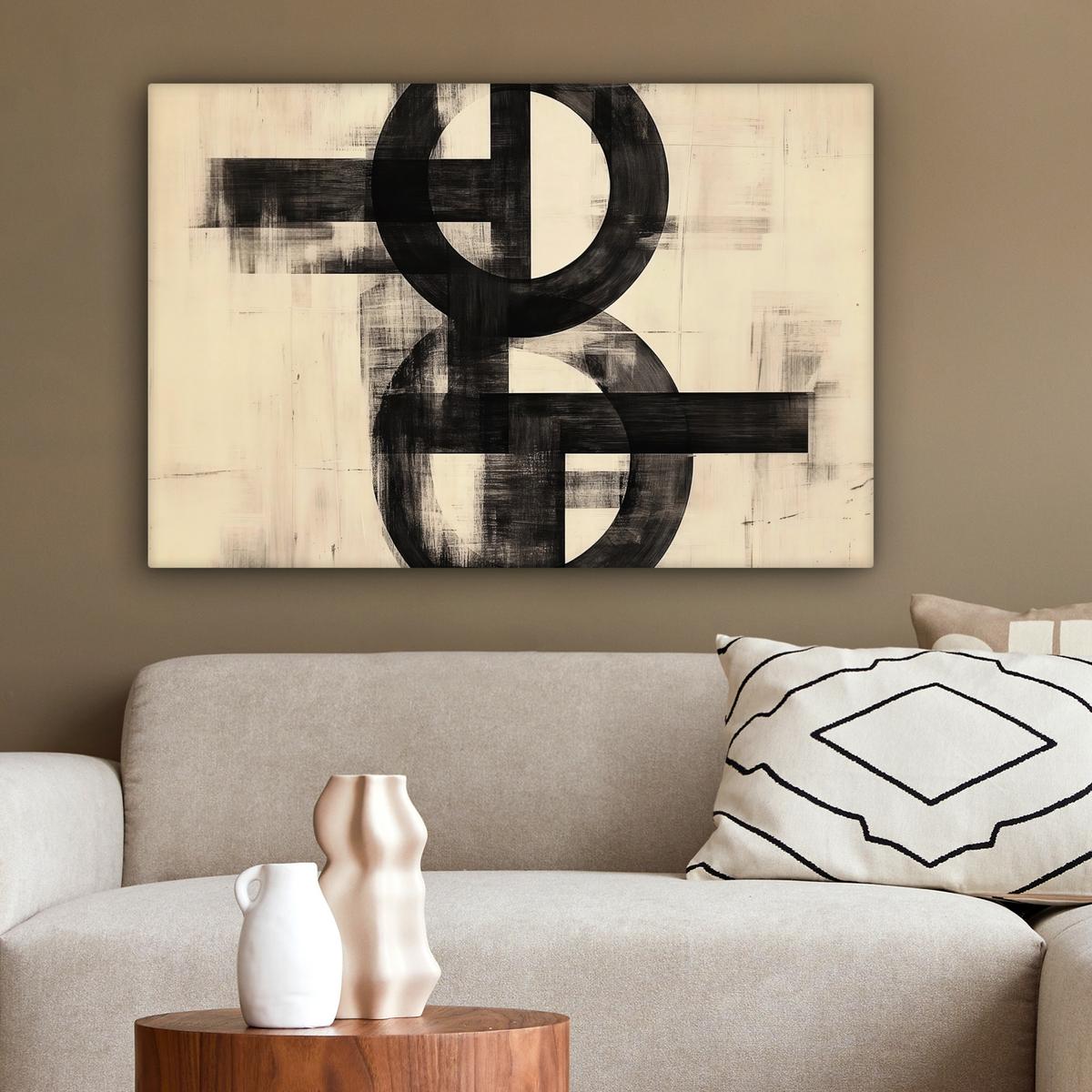 LEINWANDBILD Kreise - Balken - Schwarz - Abstrakt Wanddeko 90x60 cm - Schwarz, Textil (90/60cm) - MuchoWow