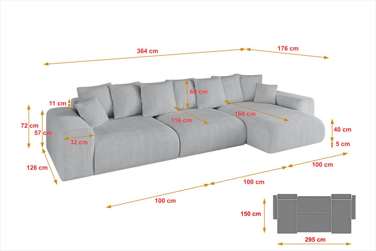 ECKSOFA Ottomane rechts ESKAR-L2 364x176x72 Grau Cord - Schwarz/Grau, Holzwerkstoff/Kunststoff (176/364cm) - ALTDECOR