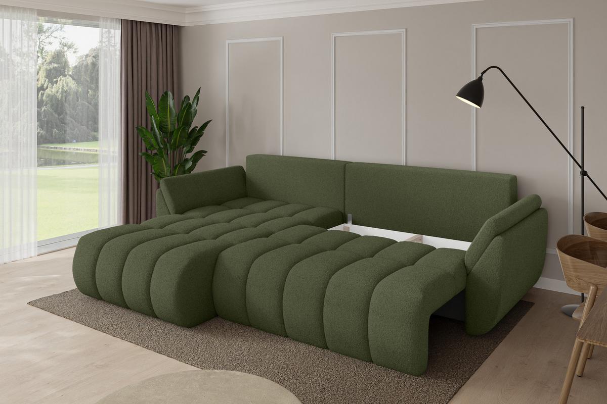 ECKSOFA mit Schlaffunktion Ottomane Links TOKO-L-v1 277x194x86 Grün Bouclé - Schwarz/Olivgrün, Holzwerkstoff/Kunststoff (277/194cm) - ALTDECOR