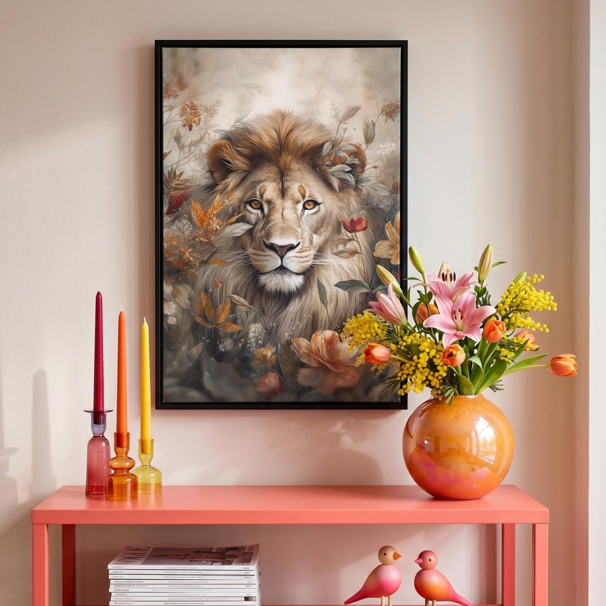 LEINWAND Bilder mit Rahmen - Löwe - Wildtiere - Pflanzen - Natur - Blumen - 40x60 - Beige, Textil (40/60cm) - MuchoWow