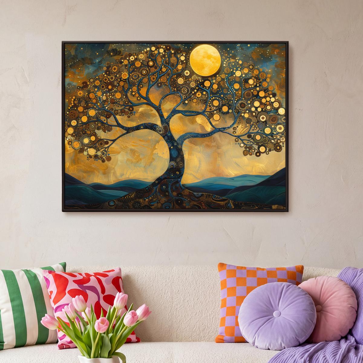 LEINWAND Bilder mit Rahmen - Baum - Mond - Blumen - Gold - Kunst - 100x70 - Orange, Textil (100/70cm) - MuchoWow