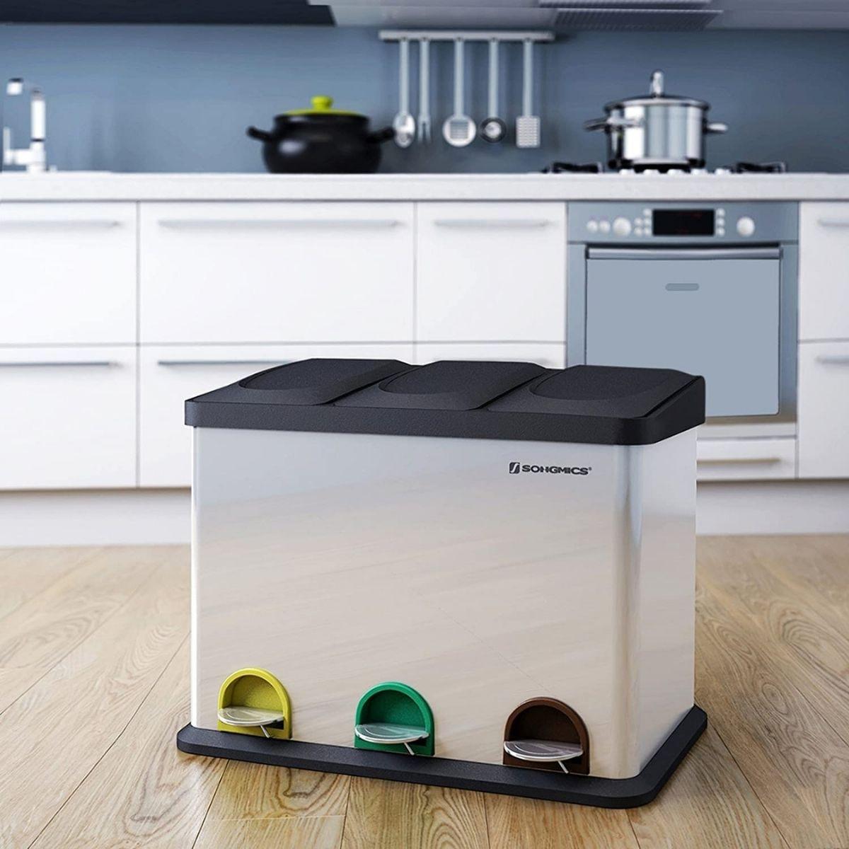 ABFALLEIMER mit 3 Behältern 45L mit Pedal silbergrau - Silberfarben, Metall (33/48/64cm) - Calicosy