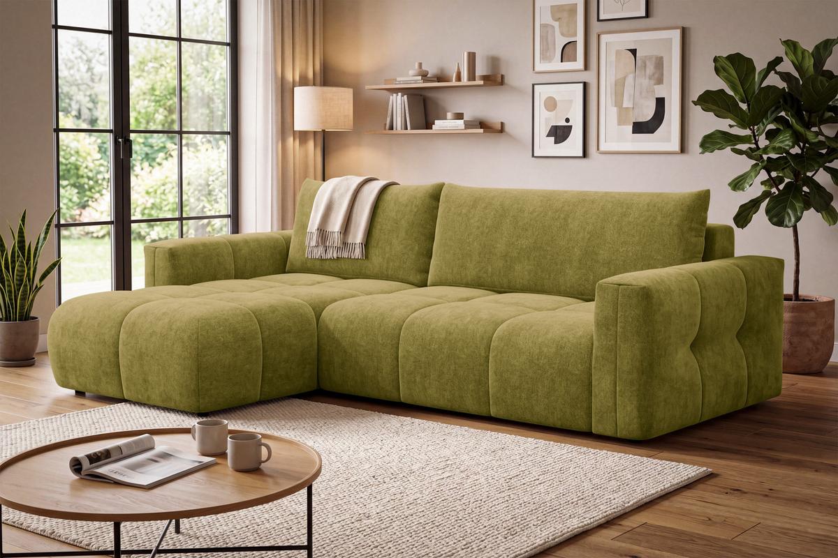 ECKSOFA VERONA 4-Sitzer links, Khaki - Schwarz/Grün, Holz/Textil (266/173cm) - Courtois Laville