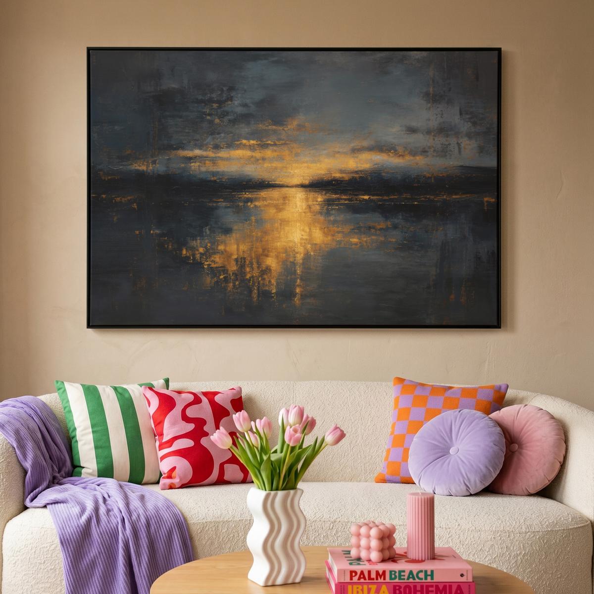 LEINWAND Bilder mit Rahmen - Goldene Reflexion auf dem Wasser - 150x100 - Anthrazit, Textil (150/100cm) - MuchoWow