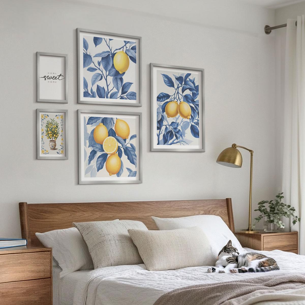 BILDER SET 5er Set - 50x50 cm & 20x30 cm & 40x60 cm Silberner Rahmen - Zitronenzweige mit blauen Blättern - Silberfarben, Kunststoff (40/60cm) - TULUP
