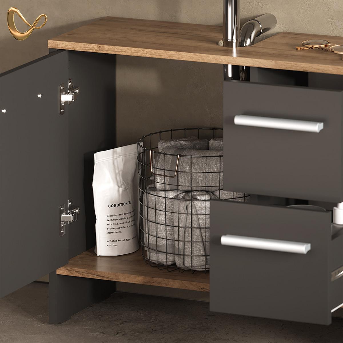 WASCHBECKENUNTERSCHRANK Amalfi Anthrazit/Goldkraft Eiche 70.2 x 57 cm mit 2 Schubladen und 1 Tür - Honigeiche/Anthrazit, Holzwerkstoff (70.2/57/27.9cm) - Livinity®