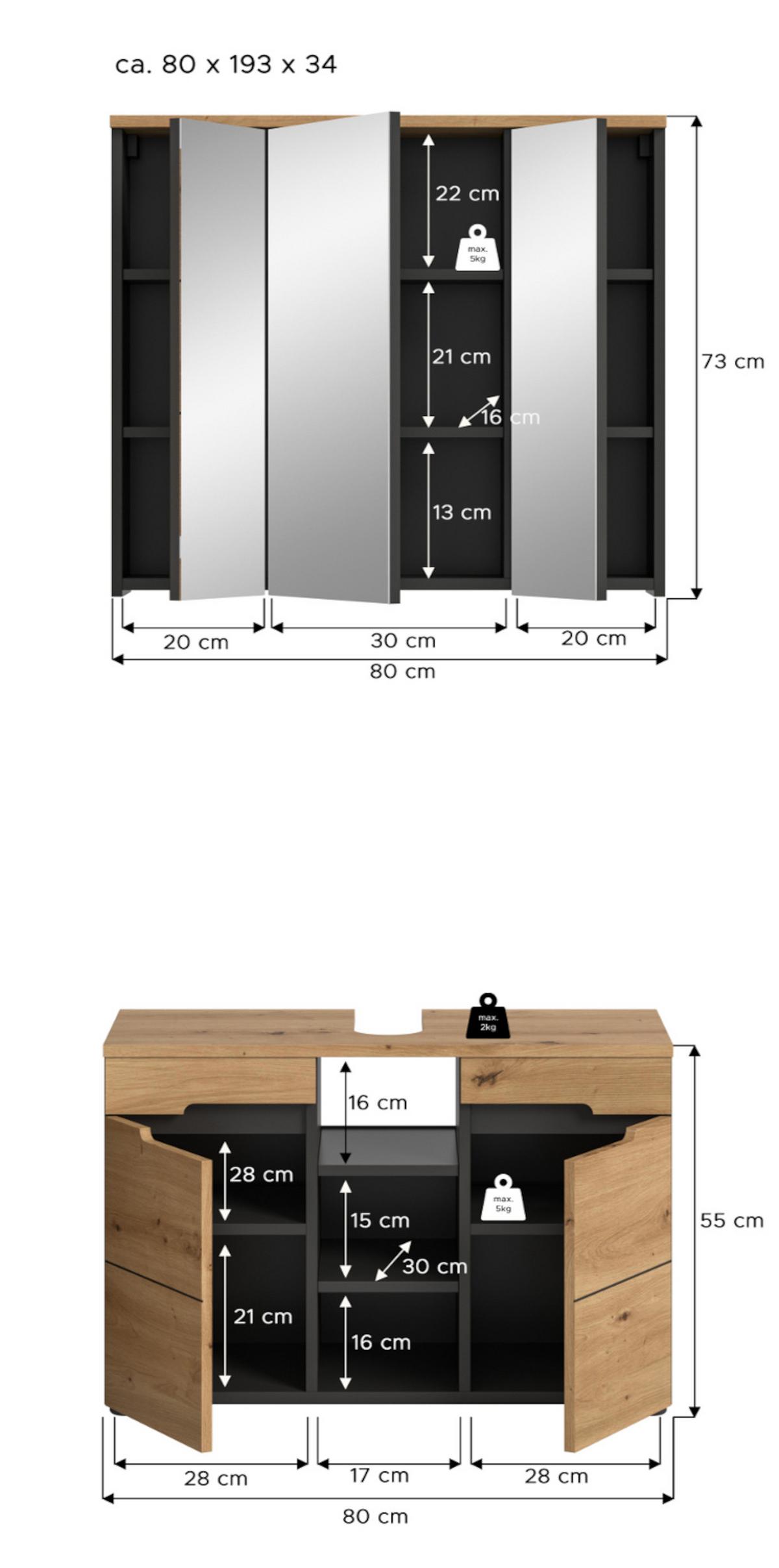BADMÖBEL-SET Eiche, grau 2-teilig 80 cm, Komplettset mit Soft-Close - Schwarz/Eiche Artisan, Glas/Holzwerkstoff (80/193/34cm) - Inn.Furn