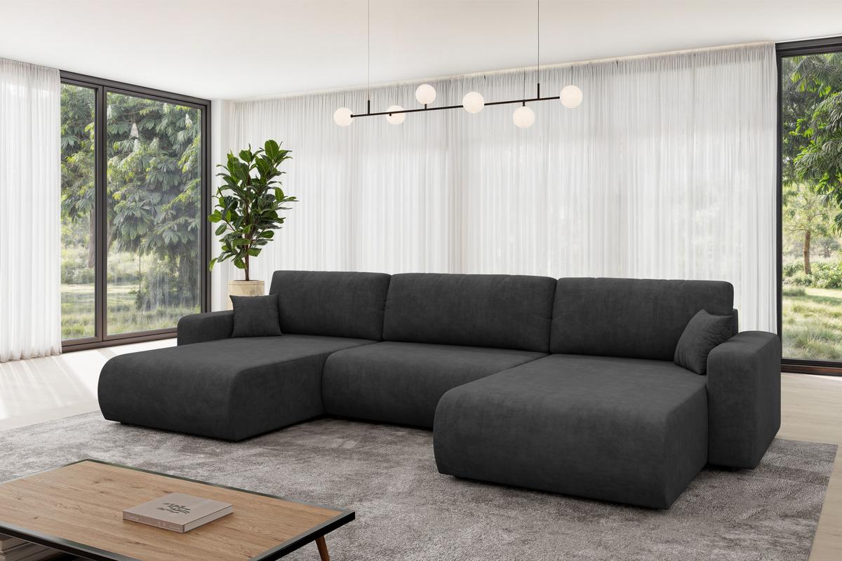 WOHNLANDSCHAFT mit Schlaffunktion und Bettkasten BERY-U 377x193x88 Dunkelgrau Velours - Anthrazit/Schwarz, Holzwerkstoff/Kunststoff (377/88/193cm) - ALTDECOR