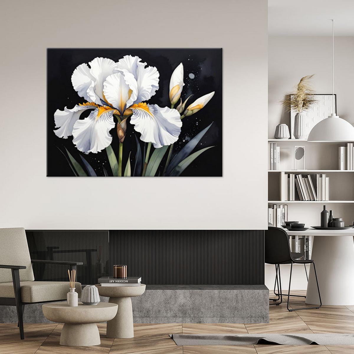 LEINWANDBILDER, Weiße Irisblüten auf schwarzem Hintergrund - Weiß, Textil (60/40cm) - Feeby