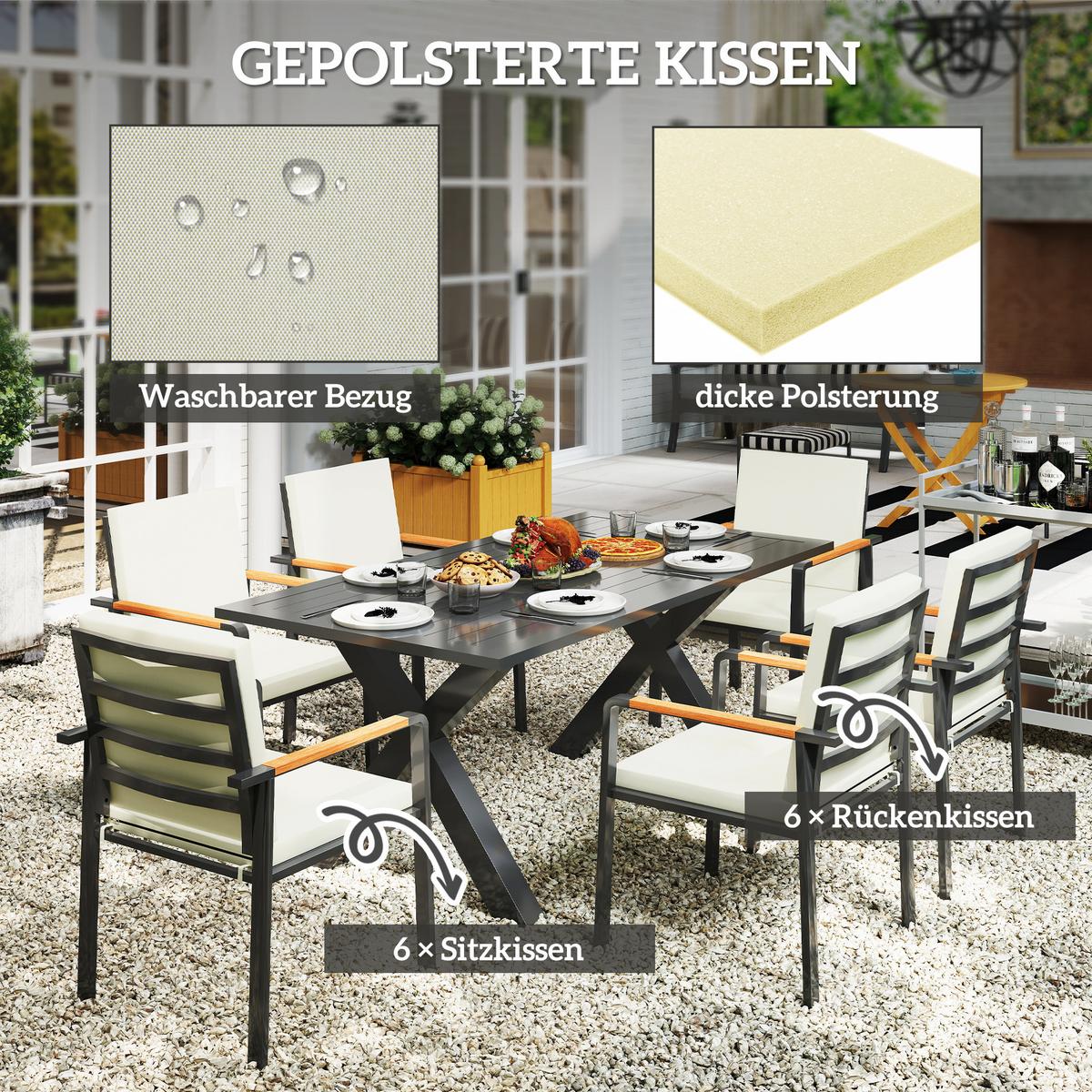 GARTENMÖBEL-SET Sitzgruppe 1 Tisch+6 Stühle mit Auflagen Wetterfest Alu Schwarz+Grau - Grau, Metall - Outsunny