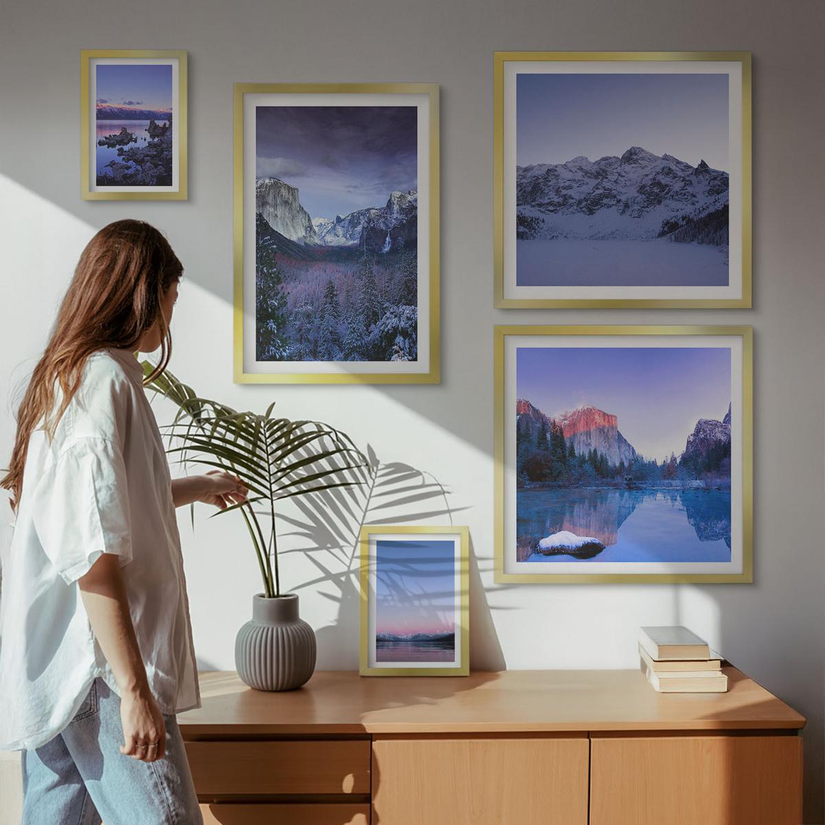 BILDER SET 5er Set - 50x50 cm & 20x30 cm & 40x60 cm Goldrahmen - Berglandschaften, Sonnenuntergang, Wasser - Goldfarben, Kunststoff (40/60cm) - TULUP