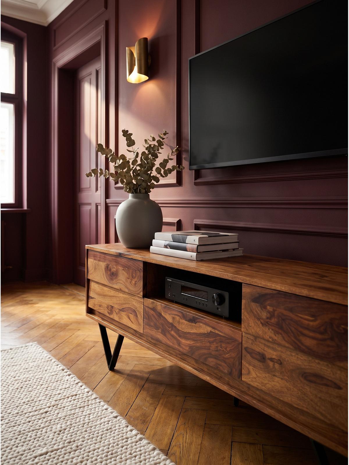 LOWBOARD AREZZO, Dunkles Massivholz, mit Stauraum, 160 x 35 x 56 cm - Schwarz/Braun, Holz/Metall (160/56/35cm) - KADIMA DESIGN