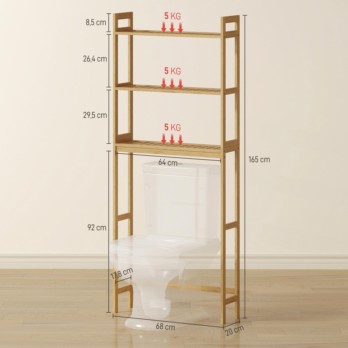 TOILETTENREGAL 3-stöckiges Badregal Standregal mit Kippschutz, Bambus, Natur - Naturfarben, Holz (20/165/68cm) - Kleankin