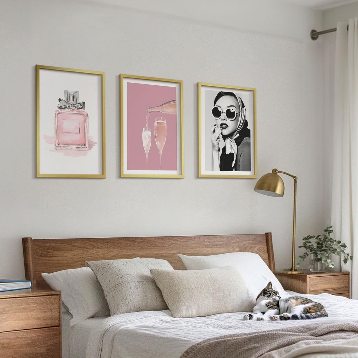 BILDER SET 3er Set - 40x60 cm Goldrahmen - Stilvolle pinkfarbene Accessoires - Goldfarben, Kunststoff (40/60cm) - TULUP