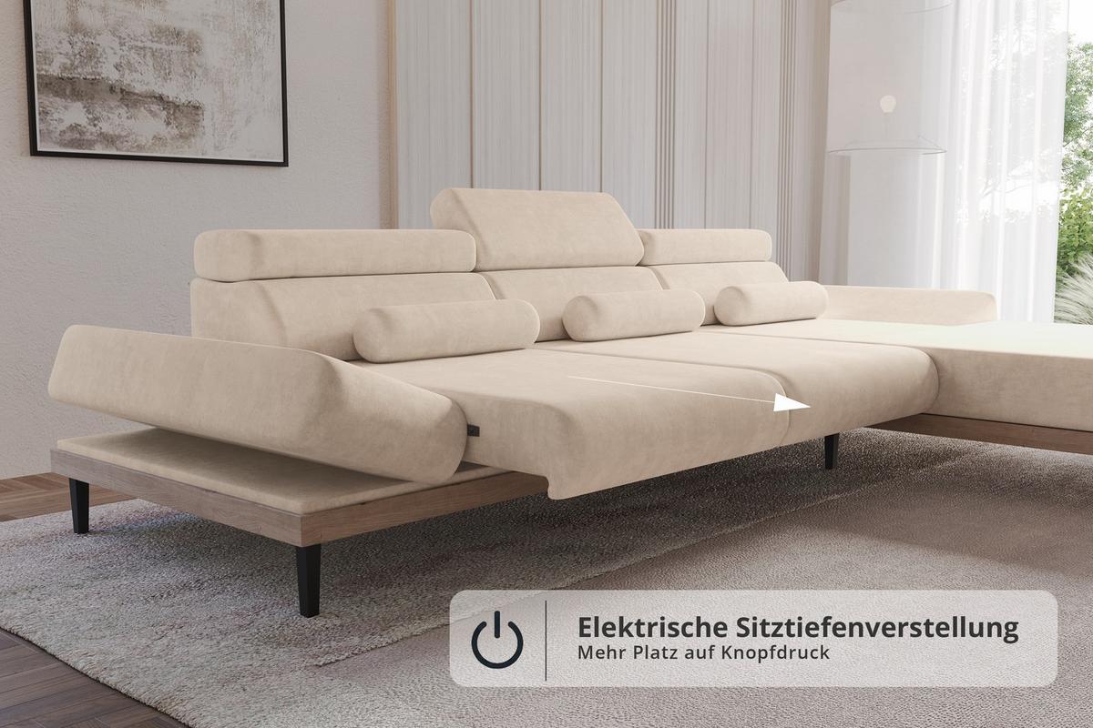 ELEKTRISCHES ECKSOFA Rechts MONA 316x205x85 Beige Velours - Sahara, Holzwerkstoff/Textil (316/205cm) - ALTDECOR
