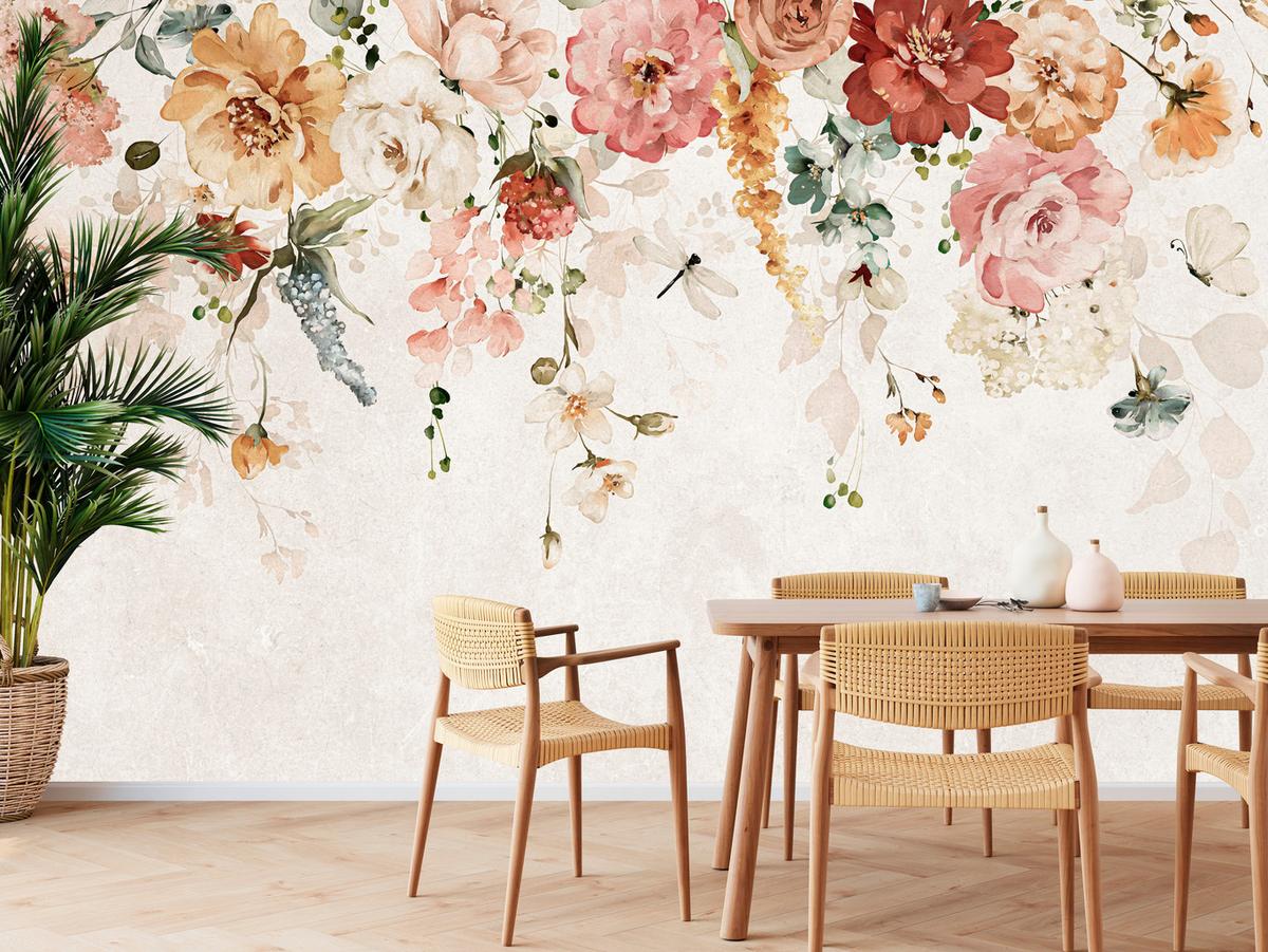 FOTOTAPETE für Esszimmer Aquarellblumen Blätter Pflanzen Pfingstrosen Rosen 450x315 - Multicolor, Papier (450/315cm) - Muralo