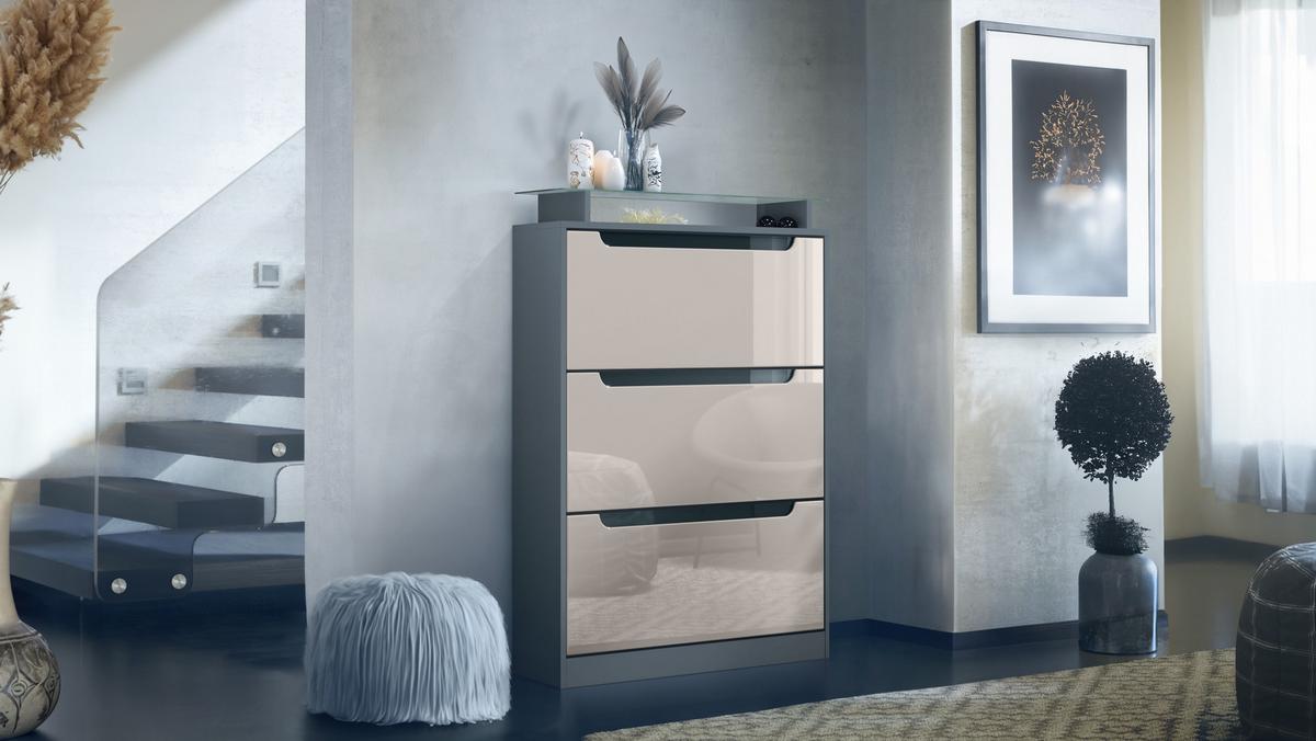 SCHUHSCHRANK Space Sandgrau Hochglanz - Sandfarben, Holzwerkstoff (89/128/23cm) - Vladon
