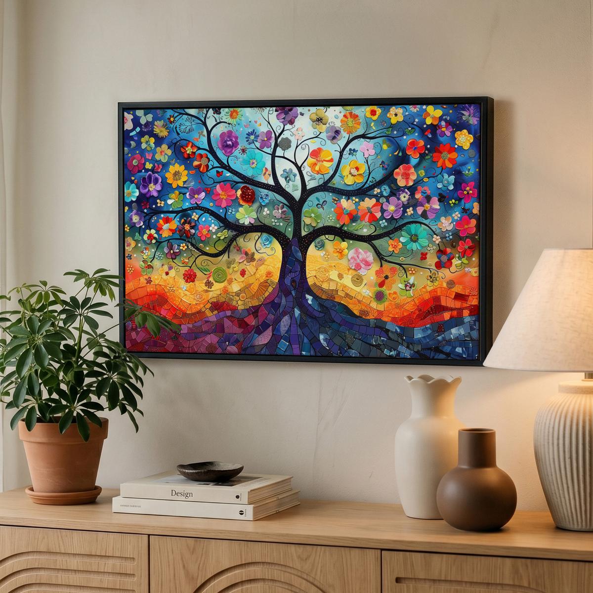 LEINWAND Bilder mit Rahmen - Kunst - Baum des Lebens - Blumen - Hippie - 60x40 - Dunkelblau, Textil (60/40cm) - MuchoWow