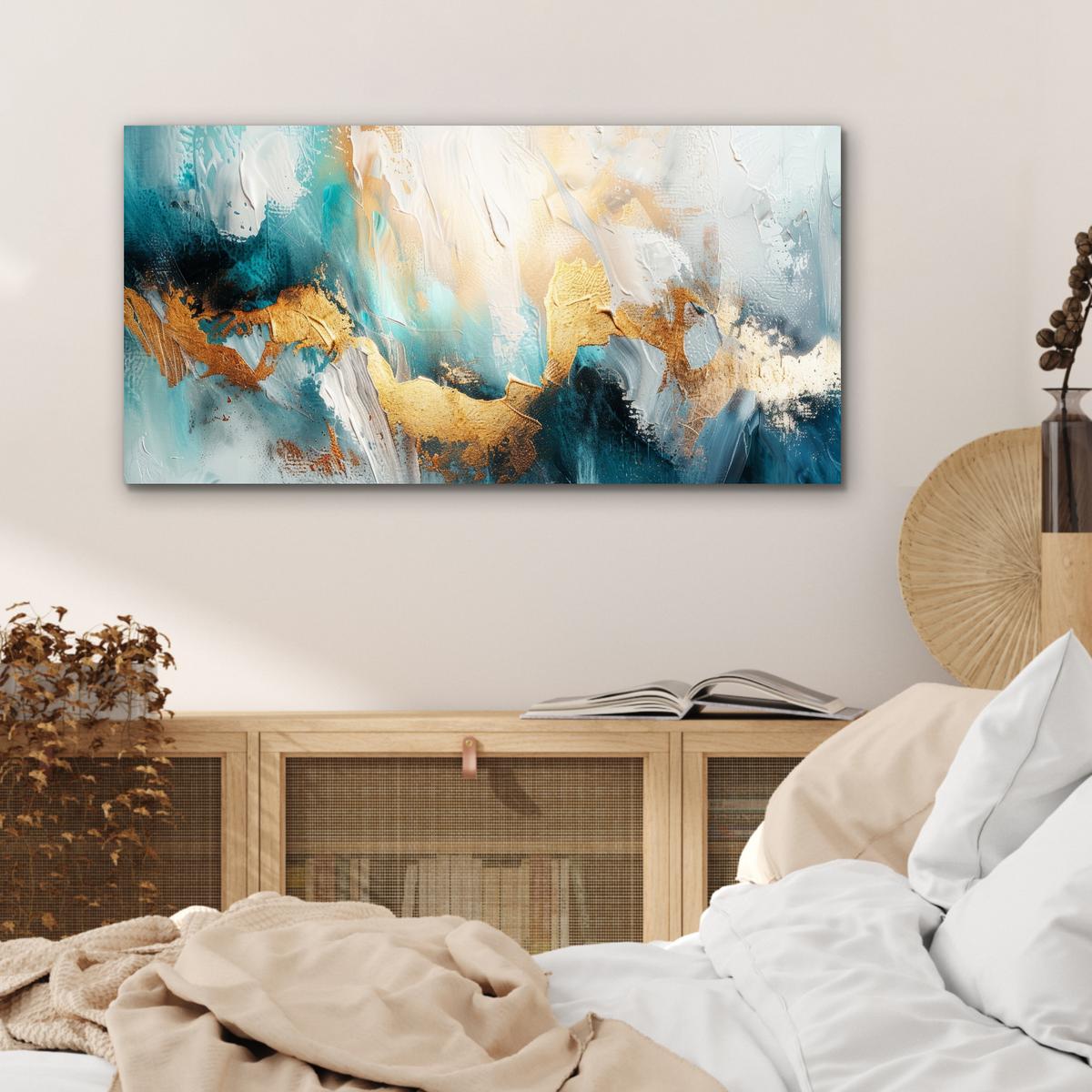 METALLBILD Abstrakt - Kunst - Gold - Blau 80x40 cm - Petrol, Metall (80/40cm) - MuchoWow