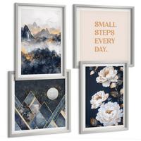 BILDER SET 4er Set - 50x50 cm & 40x60 cm Silberner Rahmen - Abstrakte Berge und Blumen Inspiration - Silberfarben, Kunststoff (50/50cm) - TULUP