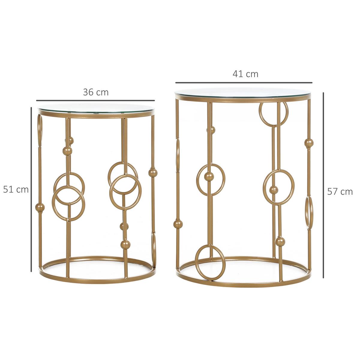 2ER-SET Couchtisch, Beistelltisch mit Glasplatte, Wohnzimmertisch Sofatisch - Goldfarben, Glas (41/41/57cm) - HOMCOM