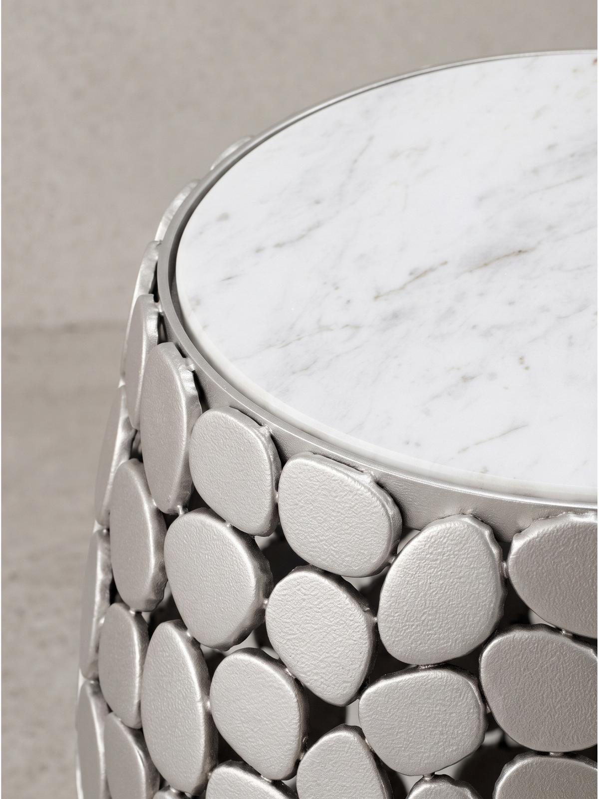 BEISTELLTISCH DIEMEL, Marmor, handgefertigt, Silber-Weiß, Ø 40 x 46 cm - Silberfarben, Stein/Metall (40/40/46cm) - KADIMA DESIGN