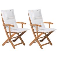 GARTENSTUHL 2er-Set Akazienholz hellbraun Auflagen cremeweiß Maui - Hellbraun/Creme, Holz (42/93/48cm) - Beliani