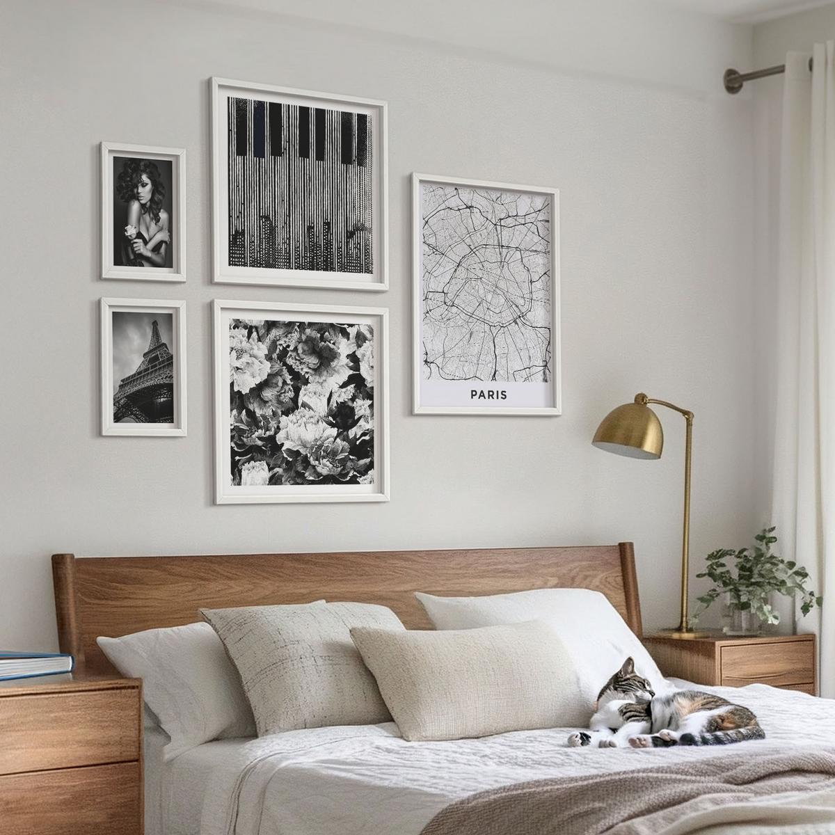 BILDER SET 5er Set - 50x50 cm & 20x30 cm & 40x60 cm Weißer Rahmen - Porträt einer Frau mit einer Eiffel-Rose - Weiß, Kunststoff (40/60cm) - TULUP