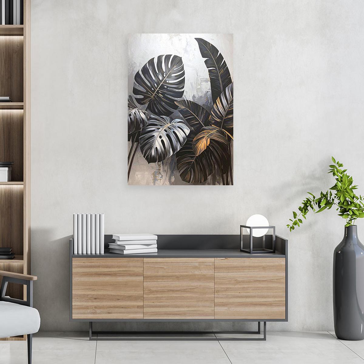 LEINWANDBILD, Schwarze Blätter von Monstera und Bananenbaum auf grauem Hintergrund - Schwarz, Textil (70/100cm) - Feeby