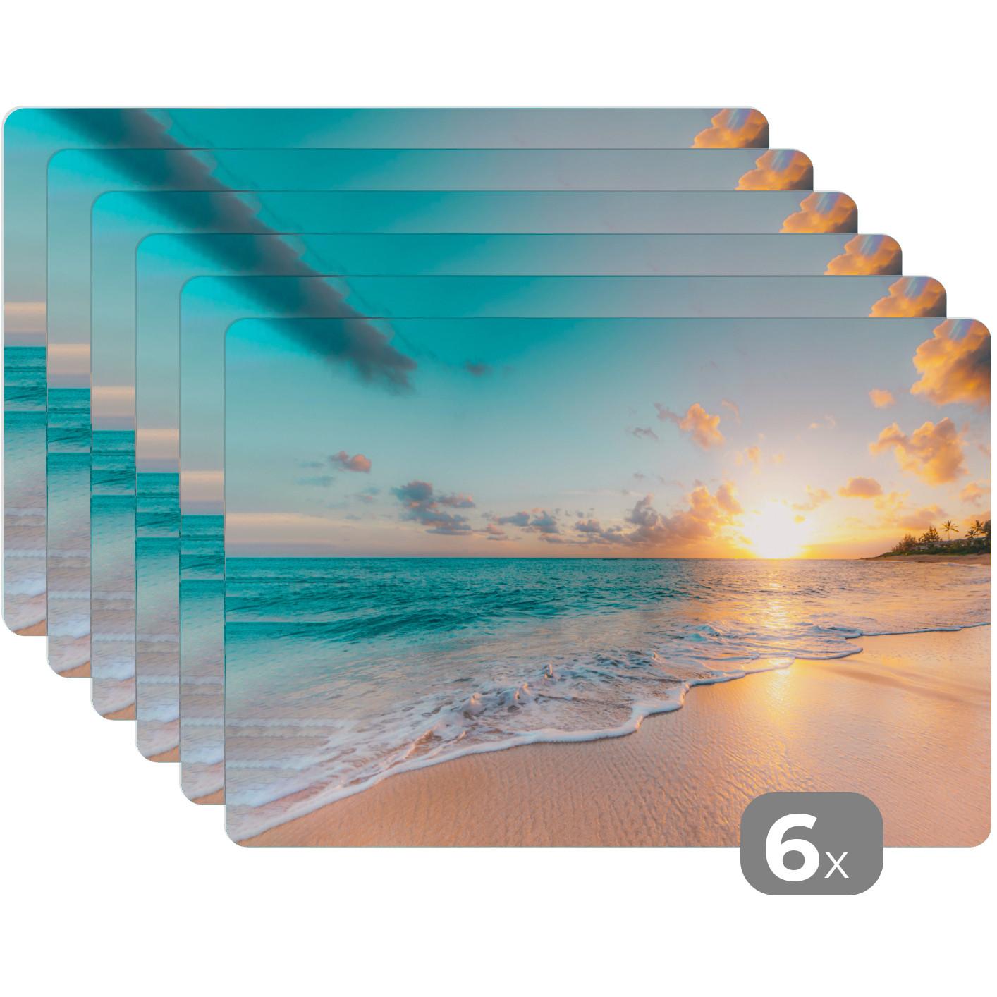 PLATZSETS 6er-Set Sonnenuntergang - Strand - Meer - Sommer - Blau Abwaschbar 45x30 cm - Türkis, Kunststoff (0.3/45/30cm) - MuchoWow