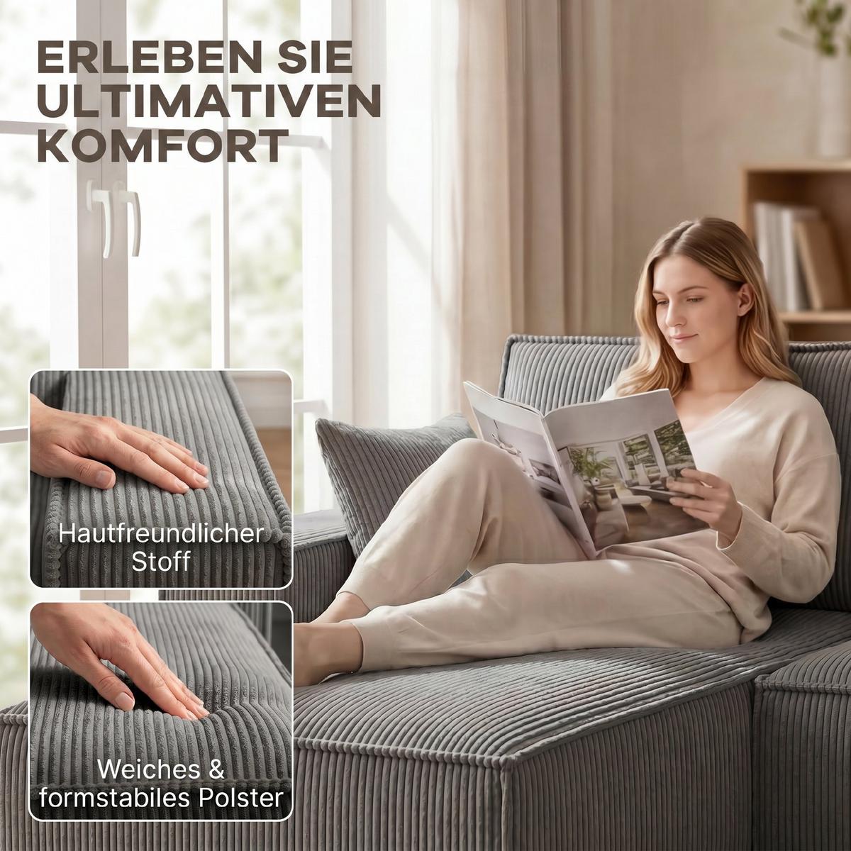 ECKSOFA Cordstoff Hellgrau - Hellgrau, Holzwerkstoff/Kunststoff (154/311cm) - HOMCOM