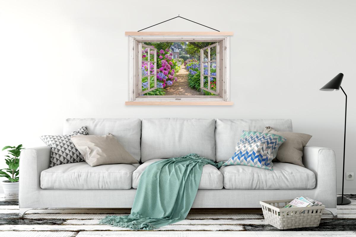 POSTER MIT MAGNETLEISTEN Hortensie - Durchsichtig - Blumen - Sommer - Lila - Weg Magnetleiste 120x80 cm - Lila, Textil (120/80/0.15cm) - MuchoWow