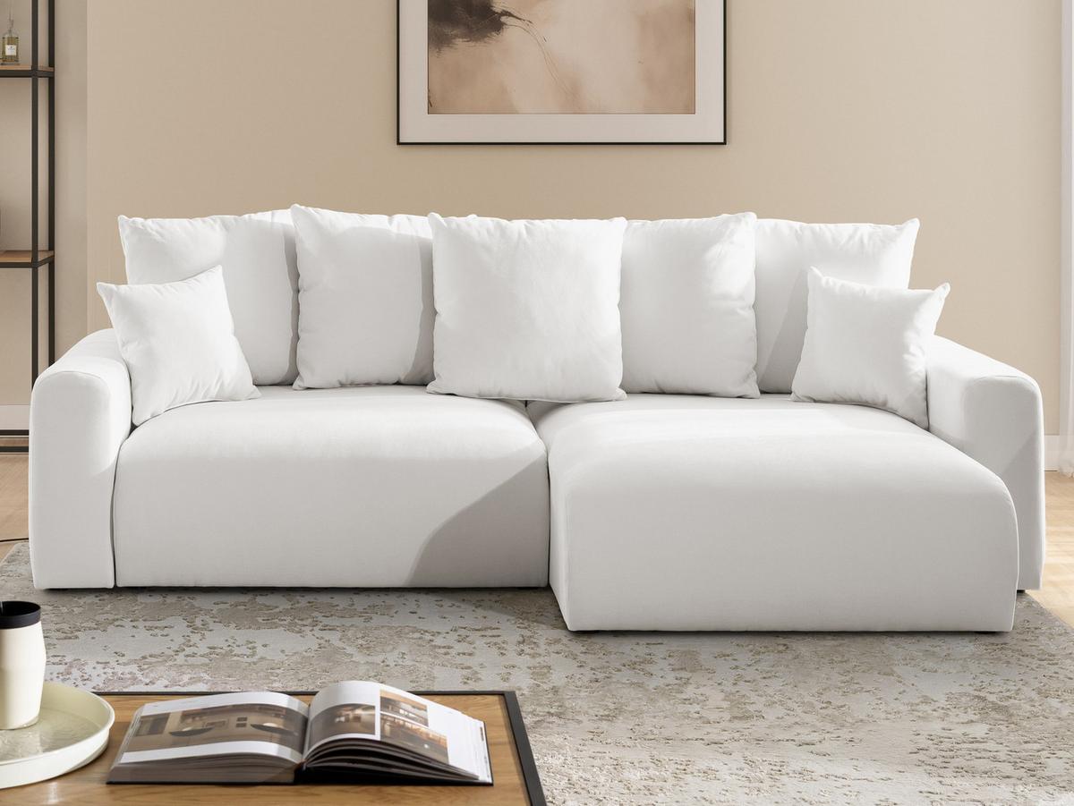 ECKSOFA Calma mit Schlaffunktion und Bettkasten im Bumpy-Design aus weichem Creme Webstoff - Ottomane rechts - Creme/Schwarz, Holz/Kunststoff (140/239cm) - S-Style