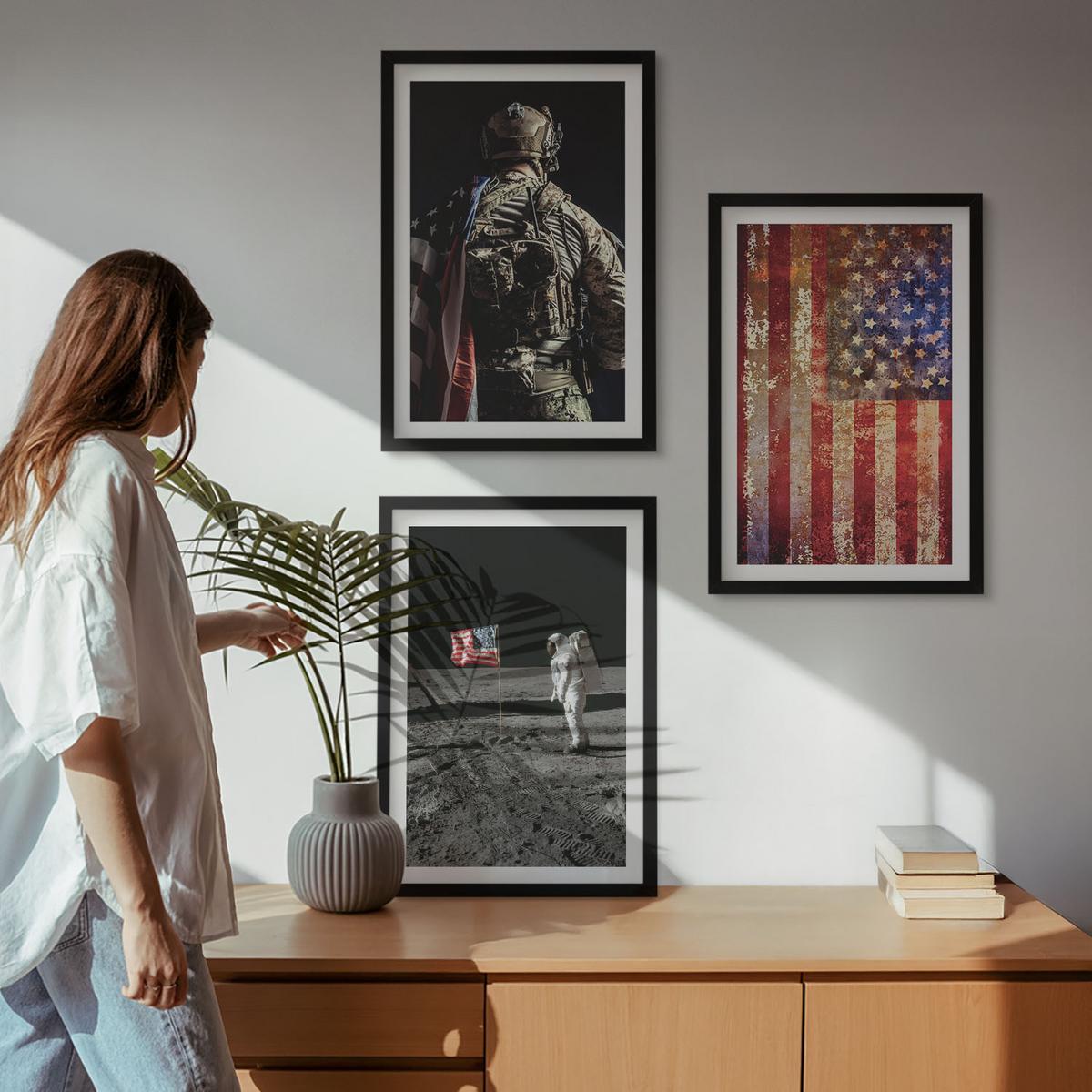 BILDER SET 3er Set - 40x60 cm Schwarzer Rahmen - Amerikanische Symbole, USA-Flagge - Schwarz, Kunststoff (40/60cm) - TULUP