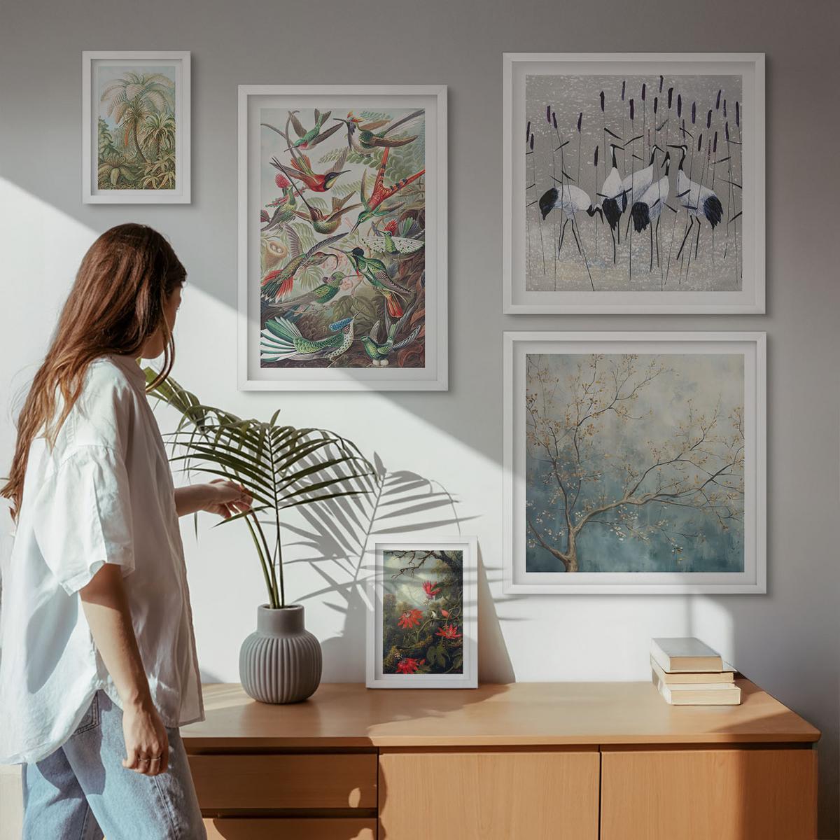 BILDER SET 5er Set - 50x50 cm & 20x30 cm & 40x60 cm Weißer Rahmen - Pastellfarbene Berglandschaft mit rosa Flamingos - Weiß, Kunststoff (40/60cm) - TULUP