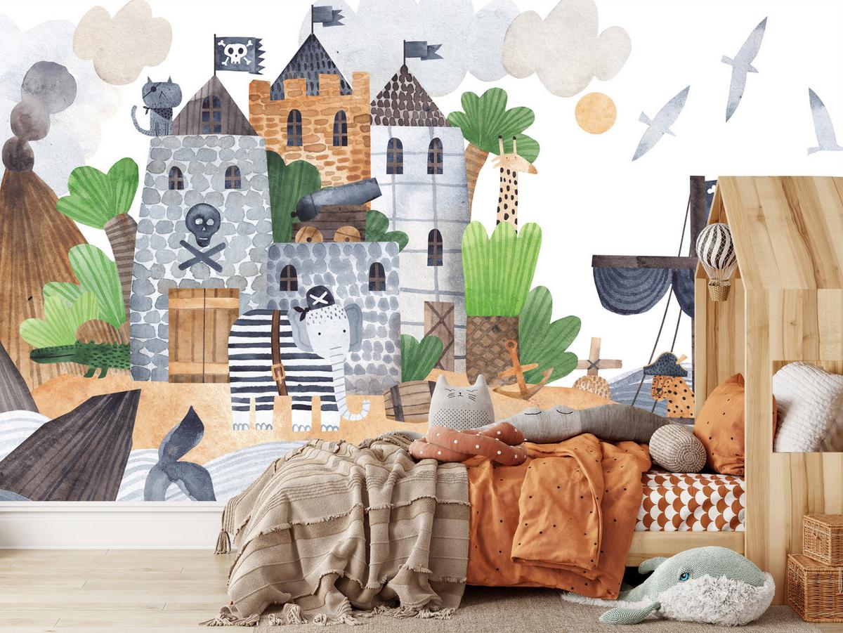 FOTOTAPETE für Kinderzimmer Märchen Piratenfestung Schiff Meereswellen 150x105 - Blau/Beige, Papier (150/105cm) - Muralo
