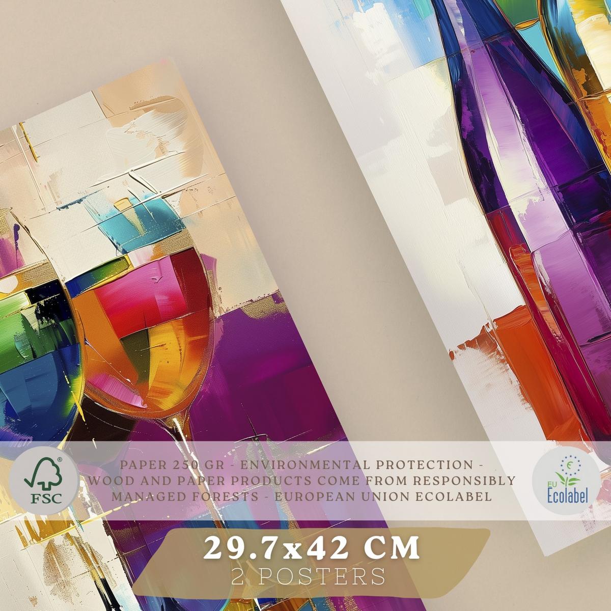 POSTER 2er Set Küchen-Wandbilder Weingläser und Flaschen Pop Art Bunt Abstrakt Esszimmer Wanddeko Rahmenlos A3 - Klar, Papier (29.7/1/42cm) - Nacnic
