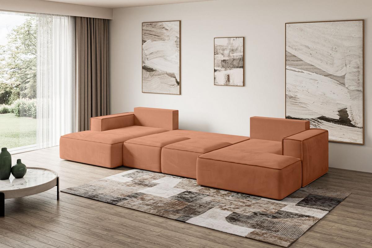 WOHNLANDSCHAFT mit Schlaffunktion und Bettkasten SIERRA-U-S - 349x161x87 cm Apricot Velours - Koralle/Schwarz, Holzwerkstoff/Kunststoff (349/87/161cm) - ALTDECOR