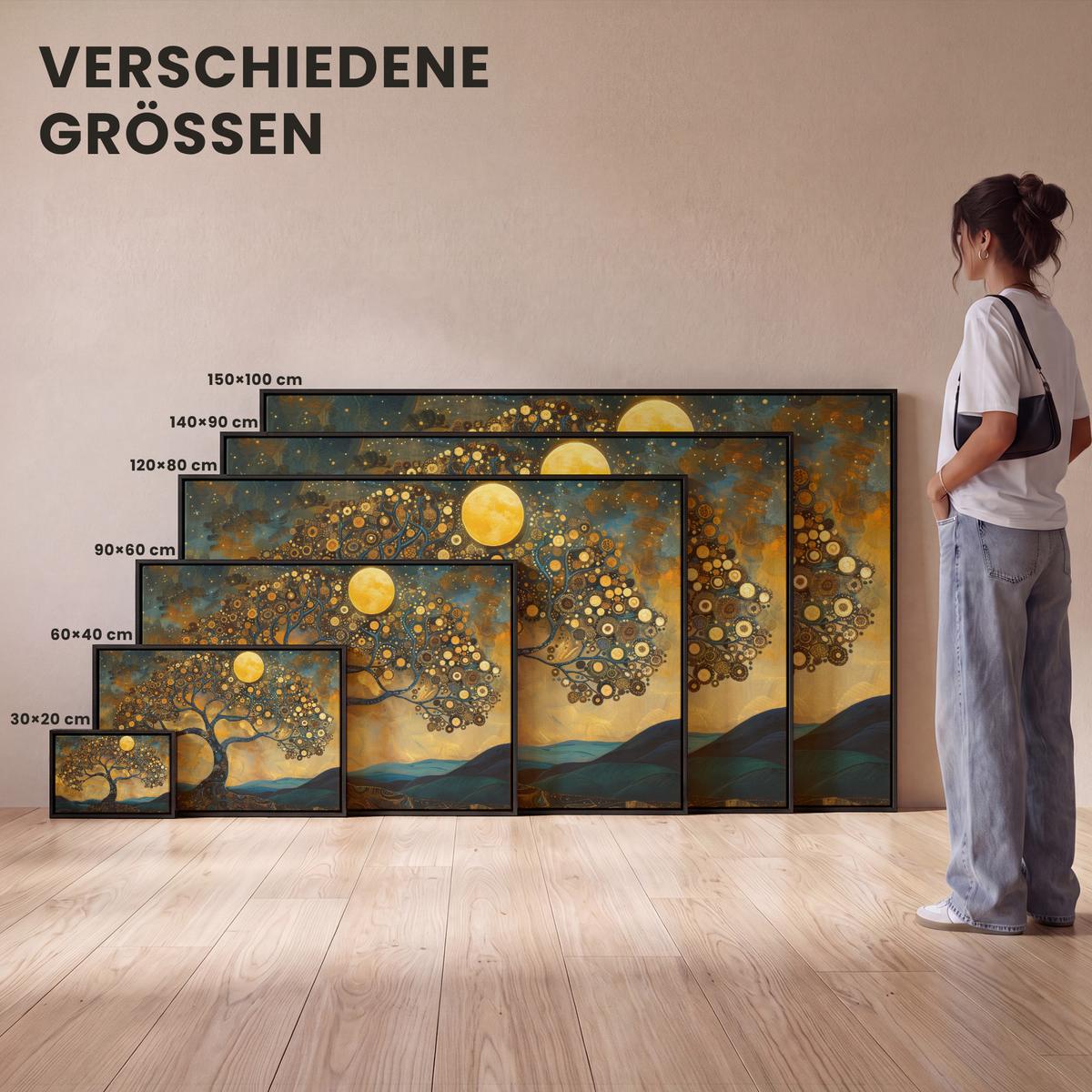 LEINWAND Bilder mit Rahmen - Baum - Mond - Blumen - Gold - Kunst - 60x40 - Orange, Textil (60/40cm) - MuchoWow