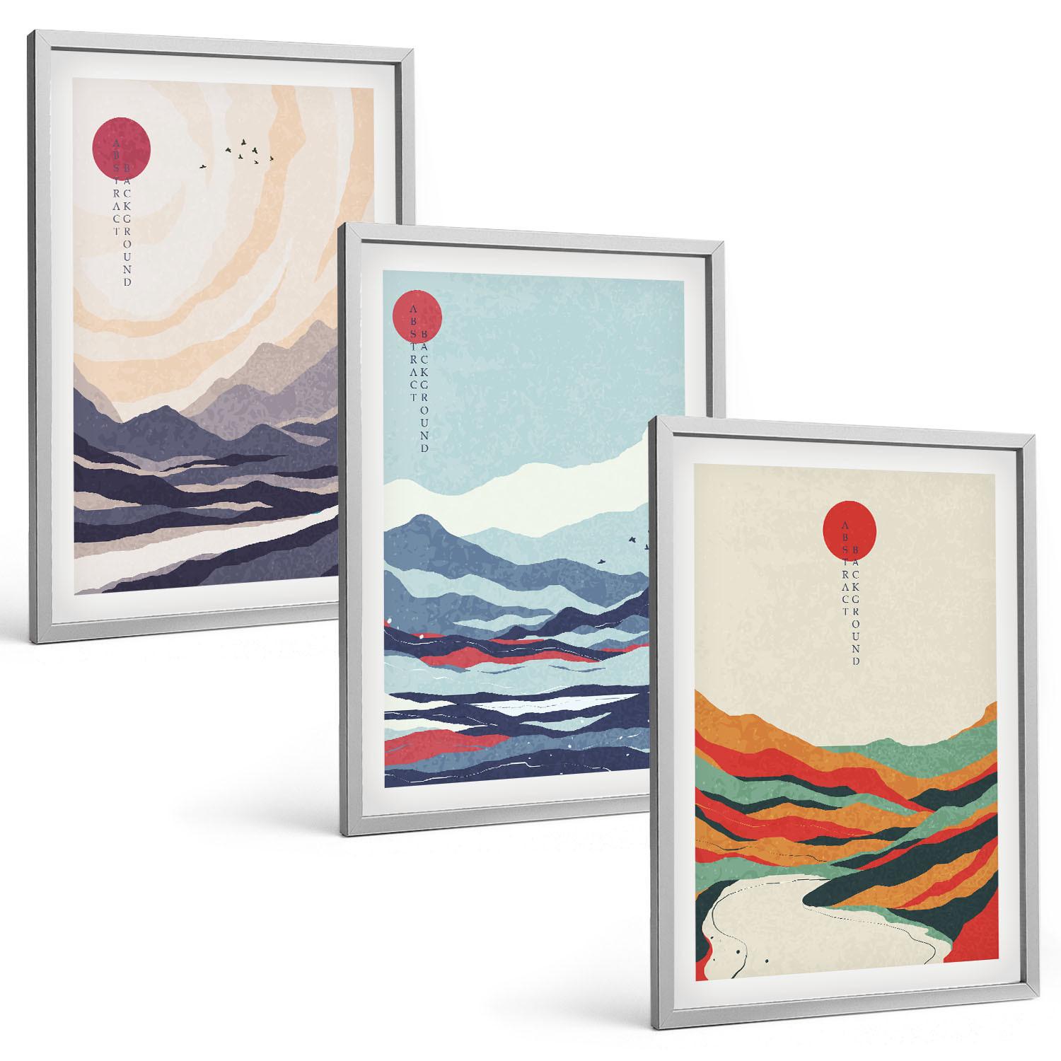 BILDER SET 3er Set - 40x60 cm Silberner Rahmen - Japanische Bergabstraktionen - Silberfarben, Kunststoff (40/60cm) - TULUP