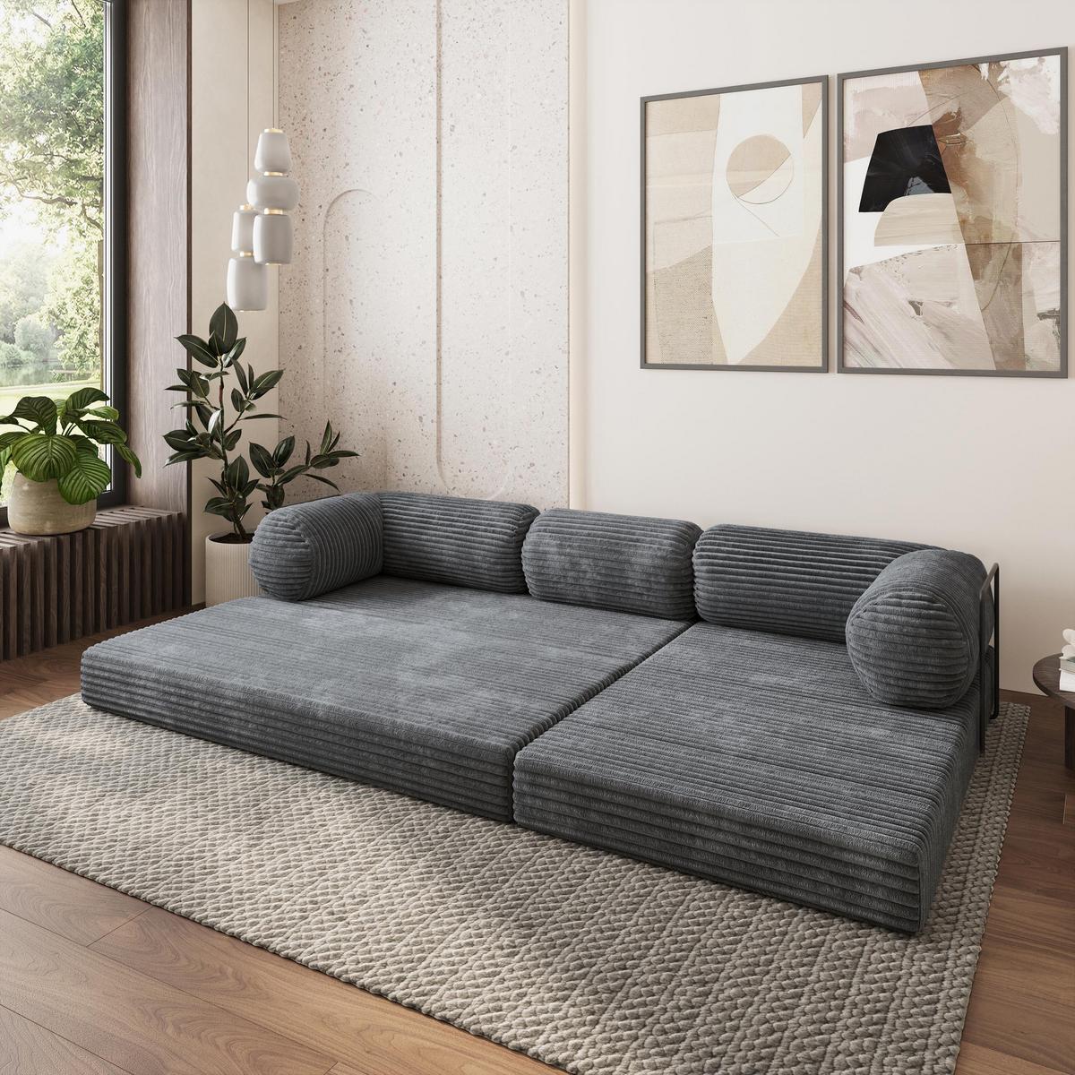 ECKSOFA ETERA modulares Boneless Sofa mit Schlaffunktion Grau Kordstoff - Dunkelgrau, Textil (270/160cm) - MASSENO
