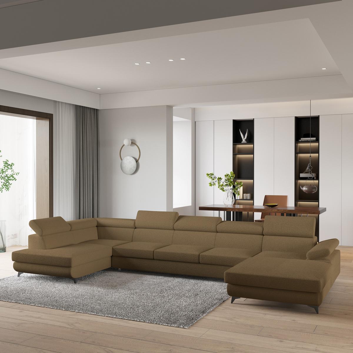 WOHNLANDSCHAFT MONTIVA Orange Boucle-Stoff mit Schlaffunktion - Orange, Holz (410/89/190cm) - MASSENO
