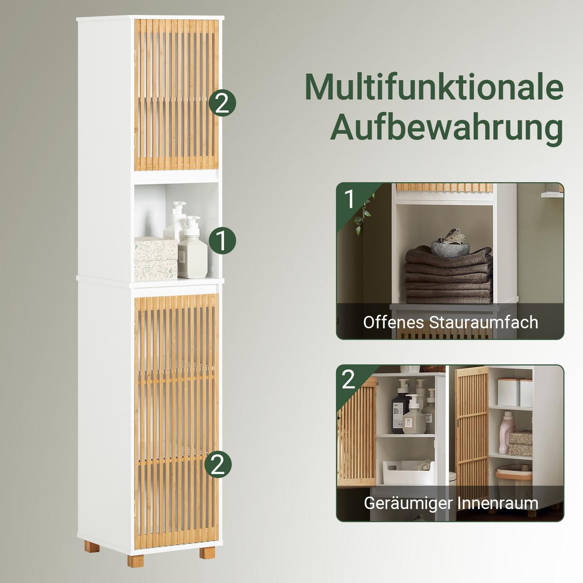 HOCHSCHRANK Weiß, Badschrank schmal mit Bambus-Massivholz-Türen, 33 x 165 cm, MDF (E1), für kleines Bad - Weiß/Naturfarben, Holz/Holzwerkstoff (33/165/33cm) - SoBuy