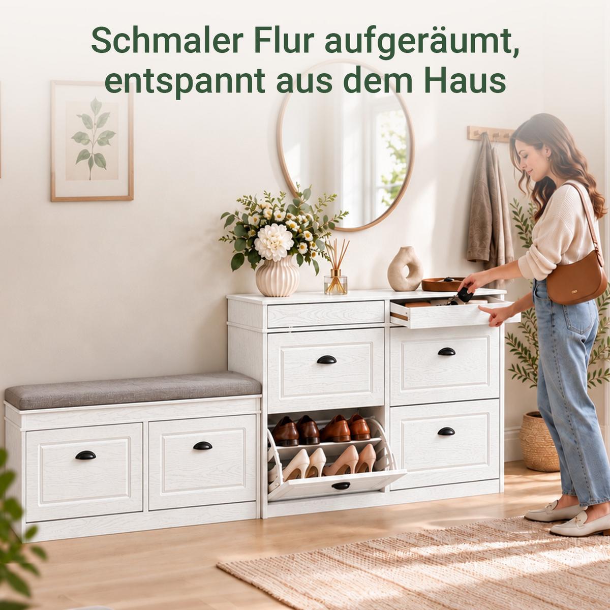 SCHUHSCHRANK weiß, 105x85x24 cm, 2 Schubladen, Retro-Holzoptik, nur 24 cm tief, Melaminharz-Beschichtung, für schmale Flure & Diele - Weiß, Holzwerkstoff (103/82/23cm) - SoBuy